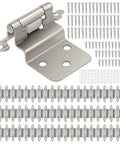 Three Eighths Inch Inset Hinges For Face Frame Kitchen Cabinets Satin Nickel Self Closing Cupboard Hardware With Screws Easy Install Built Tough 60 Pack displayed with screws and hinges arranged on white background.