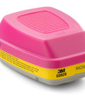 P100 Respirator Cartridge Filter 60928, 1 Pair, NIOSH Approved, pink and yellow cartridge, side view
