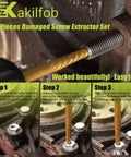 Easy Out Screw Extractor Set And Left Hand Drill Bit Kit in use removing a damaged bolt from metal surface, showing process steps.