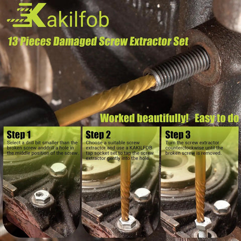 Easy Out Screw Extractor Set And Left Hand Drill Bit Kit in use removing a damaged bolt from metal surface, showing process steps.