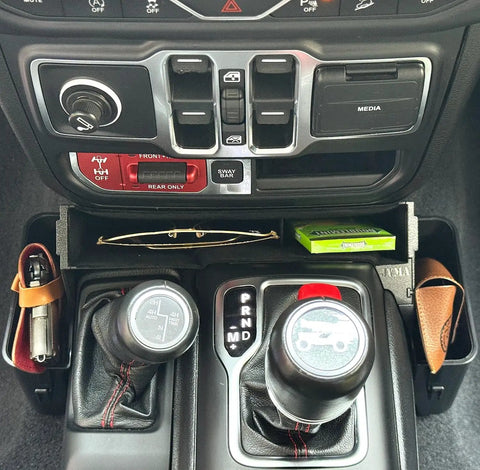 Jeep Gladiator And Wrangler Center Console Organizer Gear Shift Tray 3 Piece Kit with cushioned storage installed in vehicle