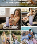 Slick Portable Breast Milk Cooler Bag Holding Two 22oz Feeding Bottles With A Heavy Duty Stainless Steel Frost Core That Keeps Formula Fresh For Over Twenty Four Hours No Ice Needed Hella Convenient For Busy Moms On The Road Or Weekend Getaways, shown in various travel and home settings.