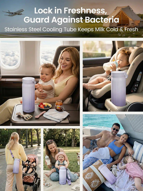 Slick Portable Breast Milk Cooler Bag Holding Two 22oz Feeding Bottles With A Heavy Duty Stainless Steel Frost Core That Keeps Formula Fresh For Over Twenty Four Hours No Ice Needed Hella Convenient For Busy Moms On The Road Or Weekend Getaways, shown in various travel and home settings.