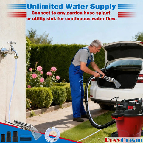 Man using Universal Shop Vac Attachment Kit with 2-1/2 Inch, 1-7/8 Inch, and 1-1/4 Inch adapters on car upholstery cleaning.