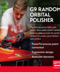 Man using G9 Random Orbital Polisher with Powerful 1000 Watt Random Orbital Polisher For Car Detailing With Dual Action Buffer Swirl And Scratch Removal on car hood