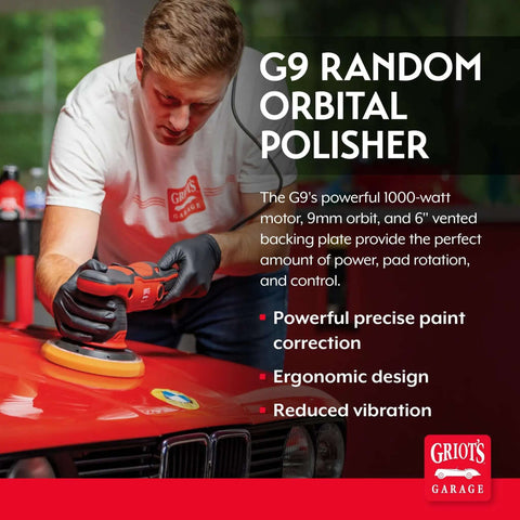 Man using G9 Random Orbital Polisher with Powerful 1000 Watt Random Orbital Polisher For Car Detailing With Dual Action Buffer Swirl And Scratch Removal on car hood