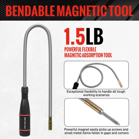 Three Piece Telescoping Magnetic Pickup Tool Set With Sixteen Pound Heavy Duty Lift, showing 1.5 lb flexible magnetic wand.