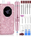 Pro Grade Nail Drill 40000 RPM Portable Diamond Kit Rechargeable 4000 Milliamp Hours Electric Nail File For Thick Acrylic Nails Ceramic Bits And Sanding Bands Ideal For Nail Tech Salon At Home with pink LCD display and attachments.