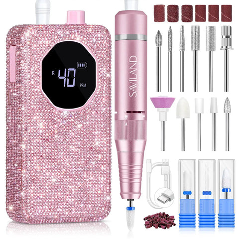 Pro Grade Nail Drill 40000 RPM Portable Diamond Kit Rechargeable 4000 Milliamp Hours Electric Nail File For Thick Acrylic Nails Ceramic Bits And Sanding Bands Ideal For Nail Tech Salon At Home with pink LCD display and attachments.