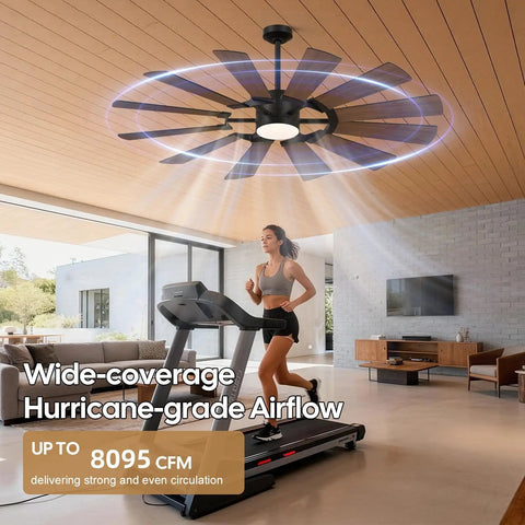 72 Inch Farmhouse Ceiling Fan With Light, Industrial Dual Finish Black And Walnut Blades in modern living room