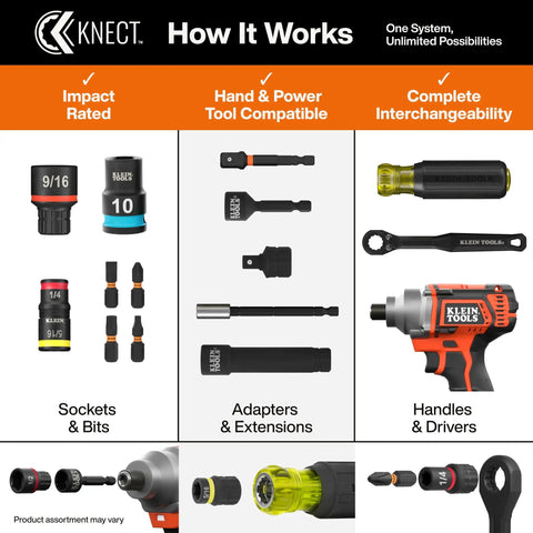 Tough As Nails 16In1 Hybrid Screwdriver and KNECT system components with various sockets and adapters showing versatility.