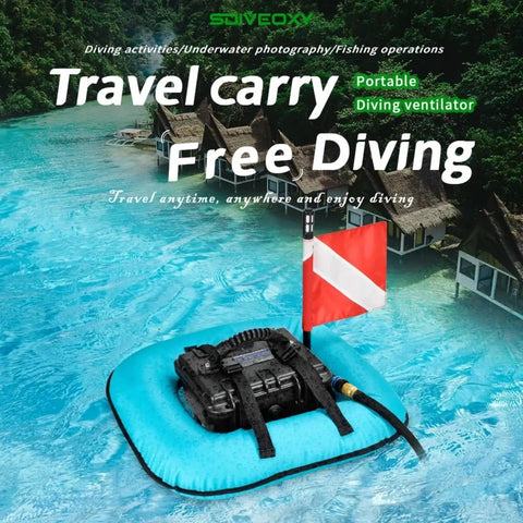 Tankless Underwater Breathing System With Rechargeable Waterproof Air Compressor And Regulator on blue float in clear water