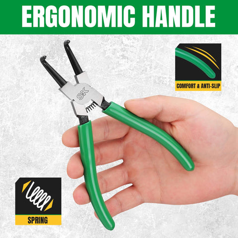 7 Inch Snap Ring Pliers With 90 Degree Bent Jaw For Internal Circlips held in hand, ergonomic green handle, CR-V steel.