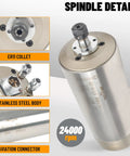 Close-up of Beefed Up 1.5KW Water Cooled CNC Spindle Kit with 80mm Mount and ER11 Collet showing spindle details