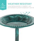 Close-up of 28 Inch Pedestal Bird Bath With Fleur De Lis Accents, Vintage Outdoor Resin Garden Decor, Weather Resistant Waterer.