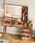 Walnut Vanity Desk With Mirror And Lights, Vintage Mid Century Modern Makeup Vanity Table With Five Drawers And Three Open Shelves, Rattan Decor And Metal Handles, Dimmable Large Mirror For Glam Makeup Setup.