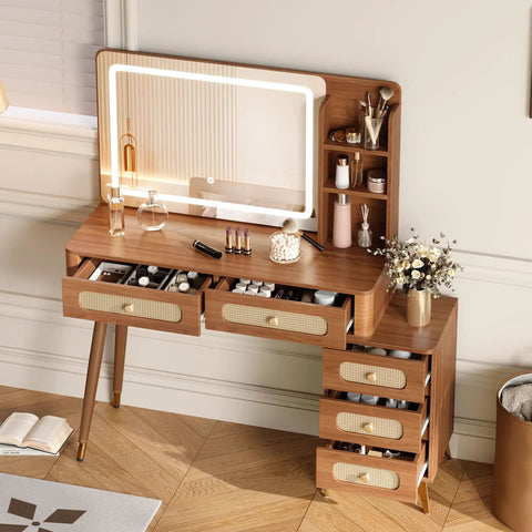 Walnut Vanity Desk With Mirror And Lights, Vintage Mid Century Modern Makeup Vanity Table With Five Drawers And Three Open Shelves, Rattan Decor And Metal Handles, Dimmable Large Mirror For Glam Makeup Setup.