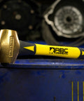 Non-Sparking 16-Inch Brass Hammer With Fiberglass Handle 5-Lb Double-Faced USA Made on blue barrel in auto shop