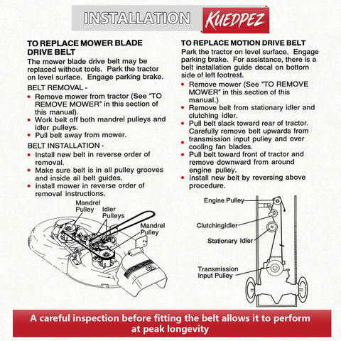 Installation instructions for Beefed Up Half Inch Wide 82 Inch Drive Belt With Aramid Cord for lawn tractors, diagram included.