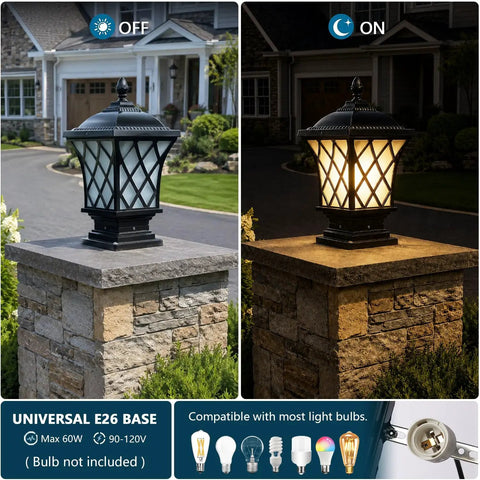 Outdoor Column Light With IP54 Waterproof Rating Glass Shaded Aluminum Post Lamp For Villa Garden Park Lighting Black Pillar Light 18.9 Inch Tall E26 Base Built To Last Industrial Style Post Fixture on stone pillar lit and unlit