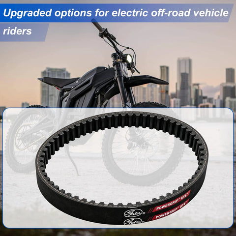 Beefy Torque Primary Belt For Sur Ron Light Bee Segway X260 X160 And Talaria XXX 16mm Wide Upgrade With Ethylene Elastomer Core And Aramid Fiber For Low Stretch And Heat Resistance shown on electric off-road bike