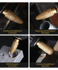Rotary Diamond Grinding Burr Bit, 6mm Shank, Cylindrical Rounded Head For Stone, Metal, Ceramics, Jade, Marble, Cast Iron And Stainless Steel, 18mm Head, Durable Diamond Coated Rotary Tool Accessory shown grinding metal and steel parts.