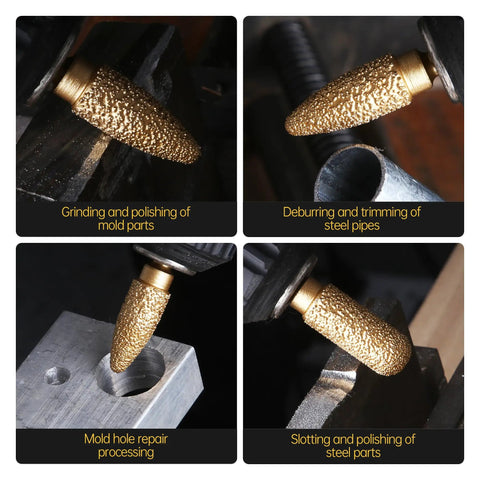 Rotary Diamond Grinding Burr Bit, 6mm Shank, Cylindrical Rounded Head For Stone, Metal, Ceramics, Jade, Marble, Cast Iron And Stainless Steel, 18mm Head, Durable Diamond Coated Rotary Tool Accessory shown grinding metal and steel parts.