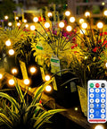 Solar Powered Firefly Lights 4 Pack With 8 LEDs Each illuminating plants, showing remote control, outdoor waterproof decor.
