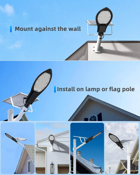 Leaf Shaped Solar Street Light Outdoor Waterproof 500W Dusk To Dawn Lamp With Separate Panel And Remote shown on various installations.