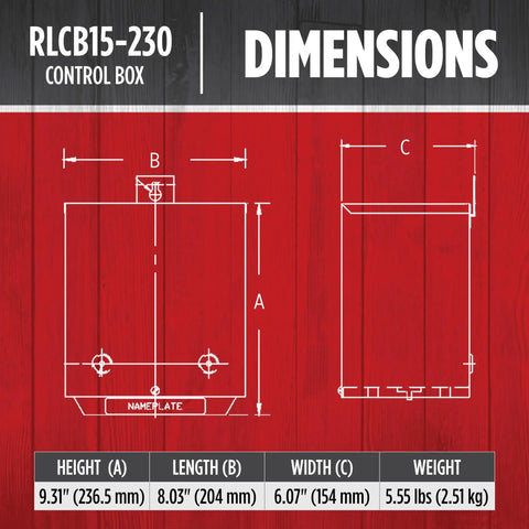 Dimensions diagram of 1.5 HP 230V VMC Control Box For Submersible Deep Well Pump showing height, length, width, and weight.