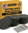 Heavy Duty 50 Pack Rotary Tool Metal Cutting Discs with four mandrels, shown in packaging with discs and mandrels displayed