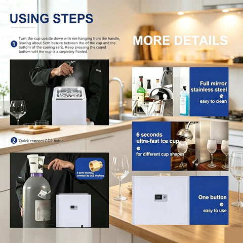 Kickass Countertop Glass Froster Ultra Fast Chiller Hella Quick One Touch Cooling For Cocktails Wine Beer Dope LED Color Light showcasing using steps and CO2 connection.