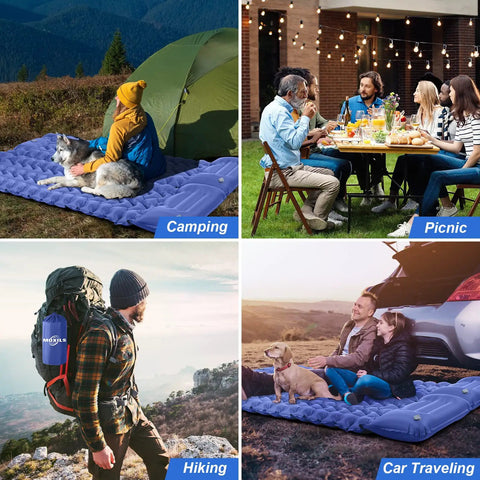 Ultralight Sleeping Pad With Built-In Pump For Camping And Hiking, Slim Compact Air Mattress and people using it outdoors.