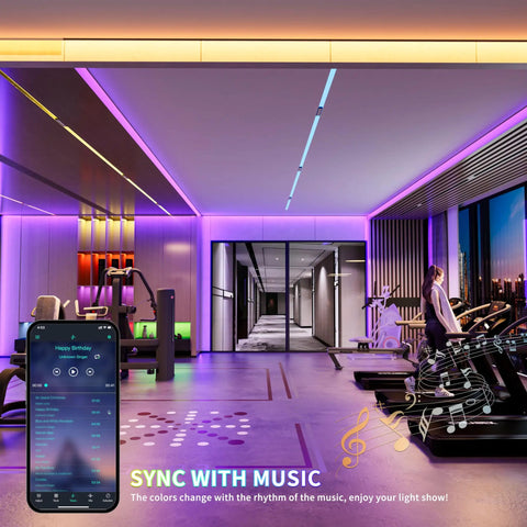 5V USB RGB COB LED Strip Light 4.92ft color changing tape with Bluetooth control in a modern gym, multicolor backlight effect.