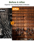 Vertical Wooden Fishing Rod Holder Set 2 Pack, Wall Mounted Rod Rack Holds Up To 12 Rods showing before and after organization