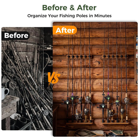 Vertical Wooden Fishing Rod Holder Set 2 Pack, Wall Mounted Rod Rack Holds Up To 12 Rods showing before and after organization