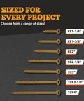Built Rugged Wood Screws Size 8 X 1.25 Inch With Torx T20 Star Drive And Type Seventeen Cutting Tip For Pressure Treated Lumber Tan Finish Includes Bonus Bit images of various screw sizes including 8x1-1/4" to 10x4".