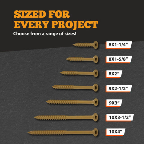Built Rugged Wood Screws Size 8 X 1.25 Inch With Torx T20 Star Drive And Type Seventeen Cutting Tip For Pressure Treated Lumber Tan Finish Includes Bonus Bit images of various screw sizes including 8x1-1/4" to 10x4".