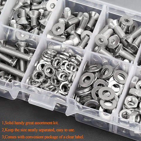 Heavy Duty 304 Stainless Steel M4 Fastener Kit with organized hex nuts, washers, and screws in clear storage box.