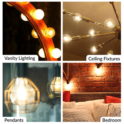 Collage of Vanity Lighting, Ceiling Fixtures, Pendants, and Bedroom using LED Edison Vintage Vanity Globe Bulbs G25 4W Dimmable 40W Equivalent