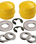 Front Wheel Bearing Hardware Kit 10Pc Beefed Up With Hubs Thrust Washers Hub Cap Retainer Washers And E Clips shown in yellow and steel