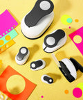 Six Piece Circle Punch Set with All The Right Sizes 0.3in 0.6in 1in 1.5in 2in 3in and Ten Color Sticker Papers for scrapbooking crafts.