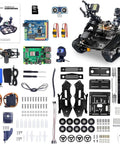 WiFi Robot Kit With Raspberry Pi 5 For Adults And Teens, 4DOF Robotic Arm On Tank Chassis Car, 2DOF HD Camera, parts displayed