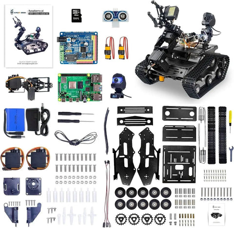 WiFi Robot Kit With Raspberry Pi 5 For Adults And Teens, 4DOF Robotic Arm On Tank Chassis Car, 2DOF HD Camera, parts displayed