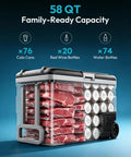 Smart 12V Car Fridge 59 Quarts with App Control and LCD Panel loaded with meats, sodas, and wine bottles for outdoor use.