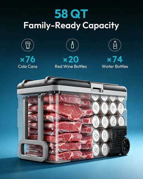 Smart 12V Car Fridge 59 Quarts with App Control and LCD Panel loaded with meats, sodas, and wine bottles for outdoor use.