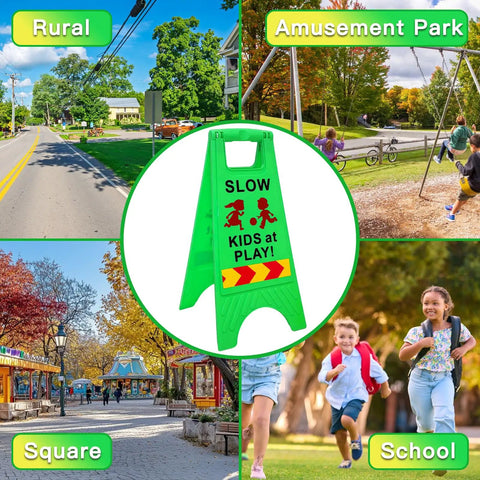 Slow Kids At Play Safety Sign 2 Pack Double Sided Text And Graphics Reflective Tape For Night Time Visibility in green urban setting