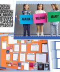 Science Fair Display Kit With 92 Pieces Including 60 Scalloped Border Trims 18 Presentation Subtitles 6 Science Fair Title Stickers 8 Letter Stickers For Classroom Bulletin Boards In A Cool Blue Wave Theme That Pops with children holding display boards and example bulletin boards.