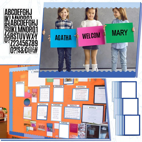 Science Fair Display Kit With 92 Pieces Including 60 Scalloped Border Trims 18 Presentation Subtitles 6 Science Fair Title Stickers 8 Letter Stickers For Classroom Bulletin Boards In A Cool Blue Wave Theme That Pops with children holding display boards and example bulletin boards.