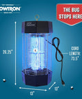 Flowtron Diplomat bug zapper with 120W UV light and lure. Dimensions: 26.25" high, 13" wide, cord length 73.5". Uses Dual Lure Tech.